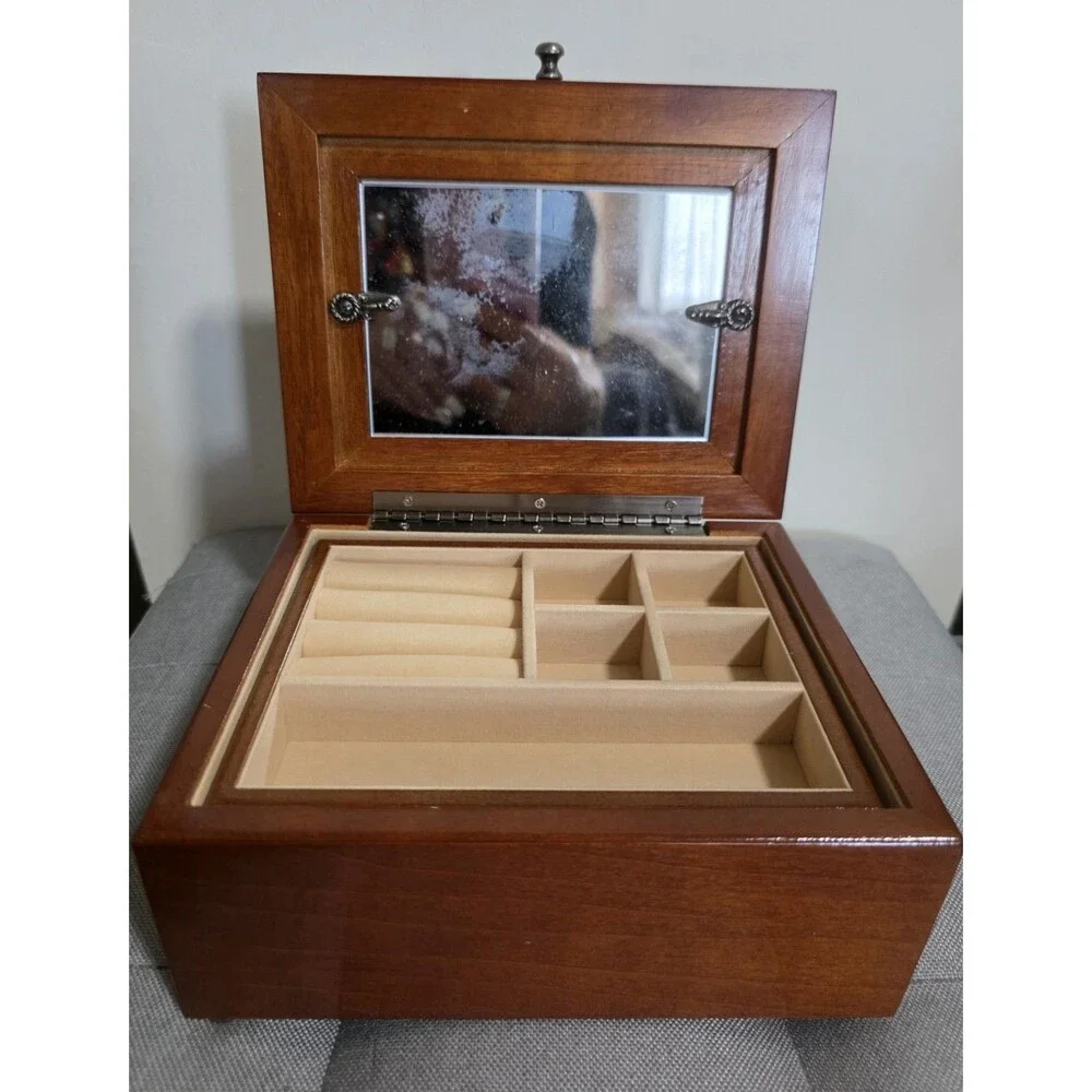 New Vintage Jewelry Box Velvet Lined Tray Ornate Pewter Photo Frame & Mirror NiB